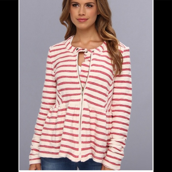 Free People peplum hem red & ivory striped jacket - Picture 1 of 8